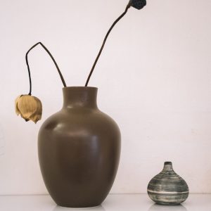 Pottery vases holding dried floral stems styled on a white shelf.